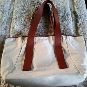Cuyana Cream Colored Canvas Tote Bag with Caramel Color Leather Straps